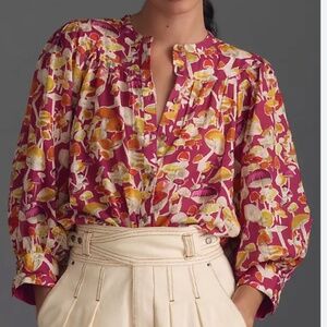 Maeve Long-Sleeve Femme Collarless Shirt, Mushrooms, Sz S